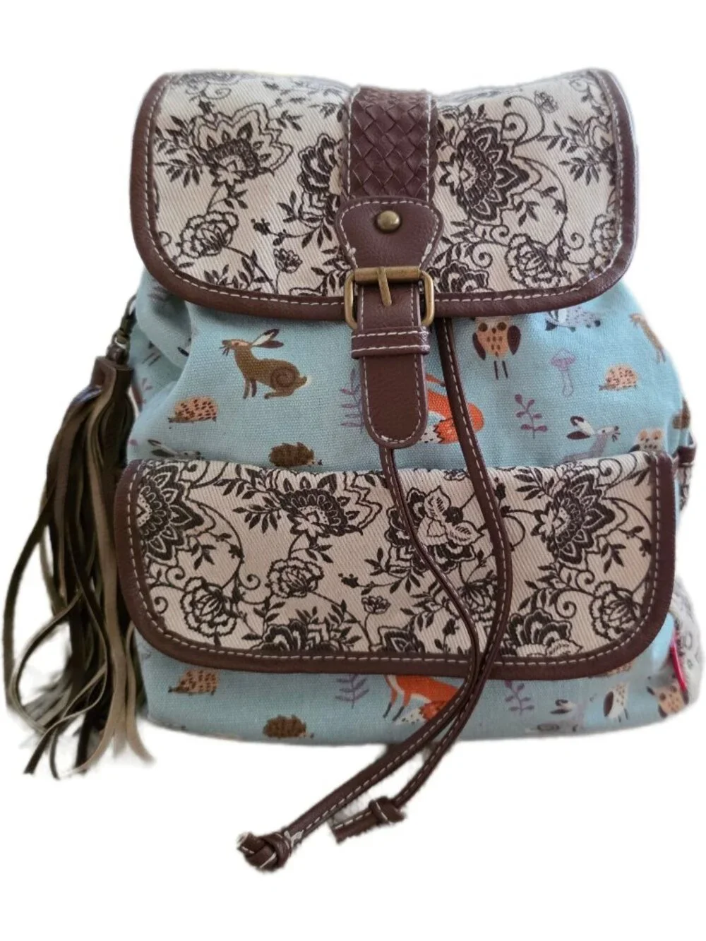 Unionbay Boho Woodland Animal Canvas Mini Backpack Rucksack Floral Tassel EUC